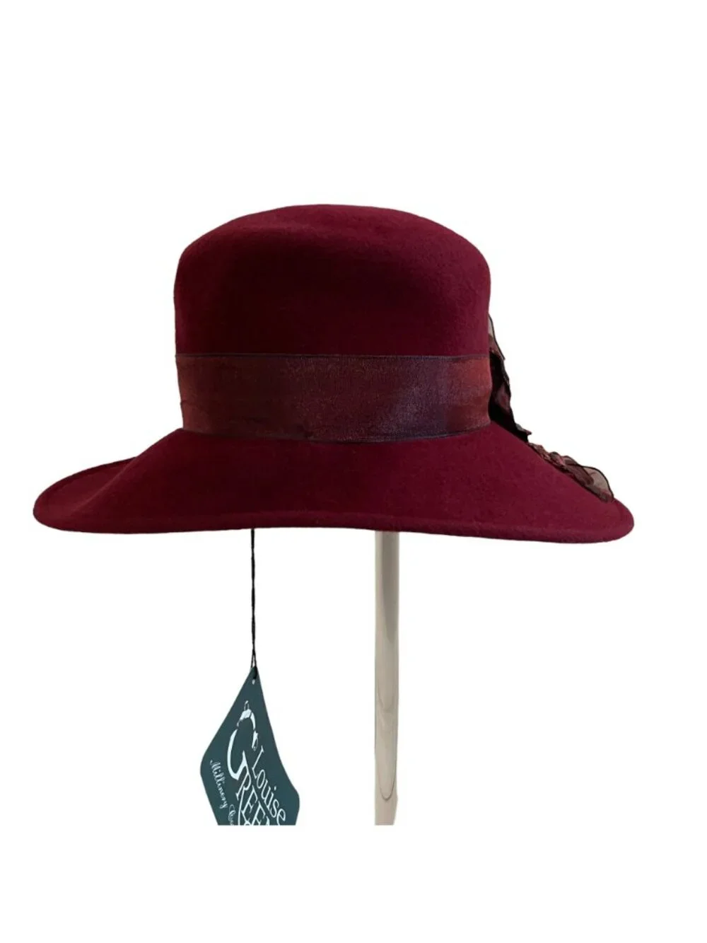 Louise Green Burgundy Wool Felt Wide Brim Hat With Floral Ribbon Detail
